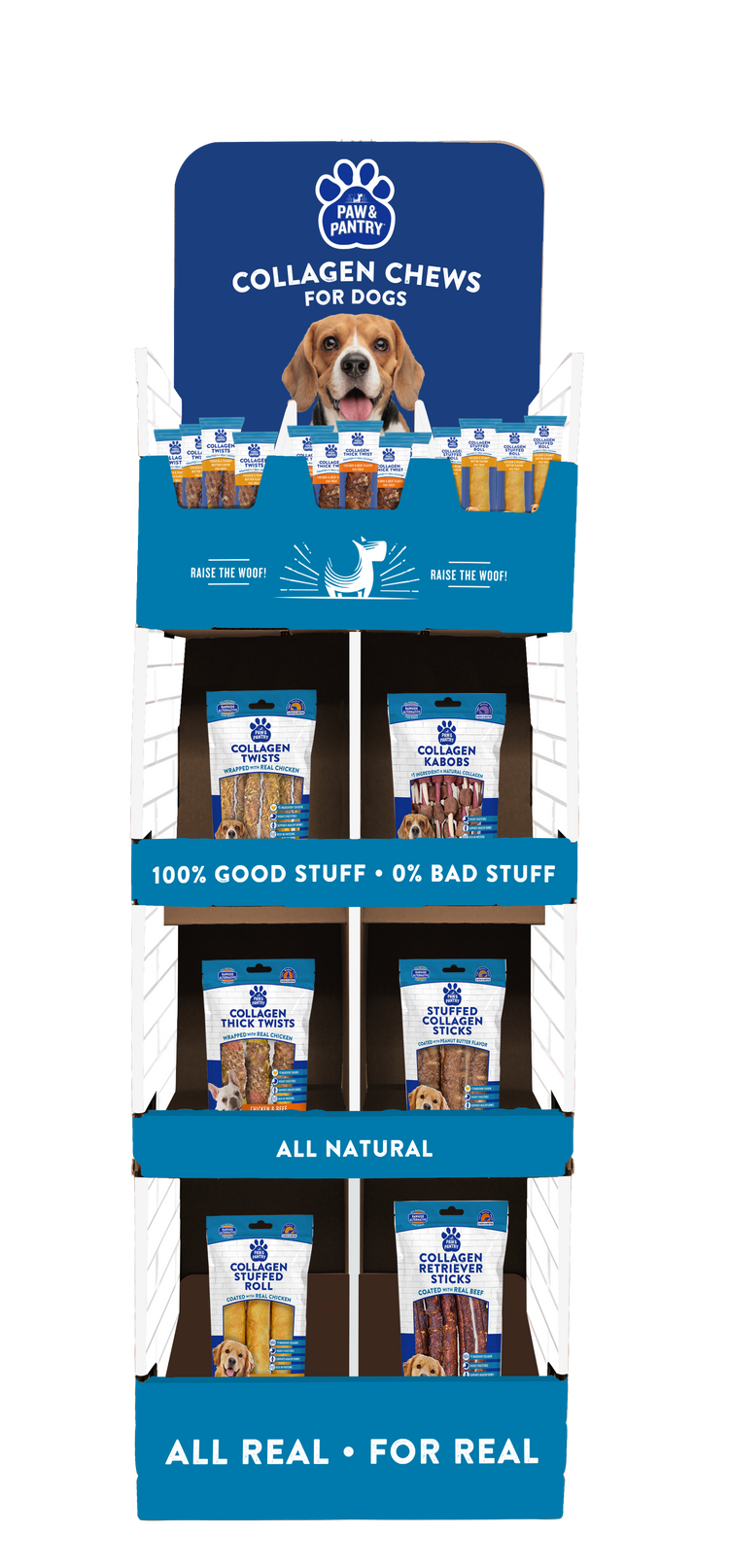 <h2>1. Paw & Pantry Collagen Chews Floor Display:</h2><p>A premium range of collagen chews with real meat and irresistible flavors to keep pups happy.</p>